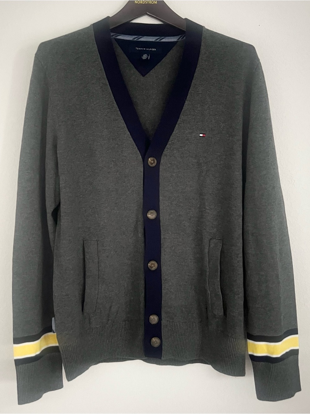 Tommy Hilfiger Men's Gray Cardigan with Navy Trim and Yellow Stripe